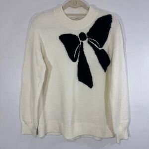 LOFT‎ Cream Sweater with Black Bow Medium Long Sleeve Cozy Knit Pullover